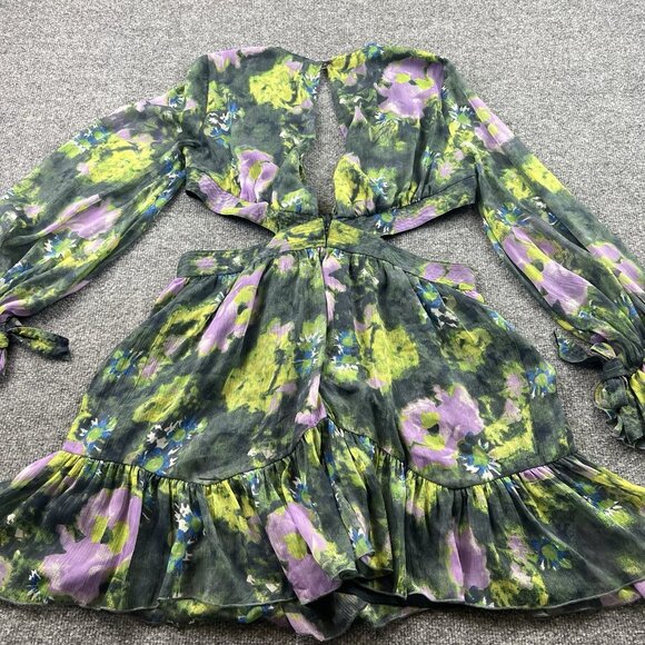 ASOS DESIGN Floral Cutout Waist Tie Front Mini Dress Long Sleeve US 12 - Picture 9 of 10